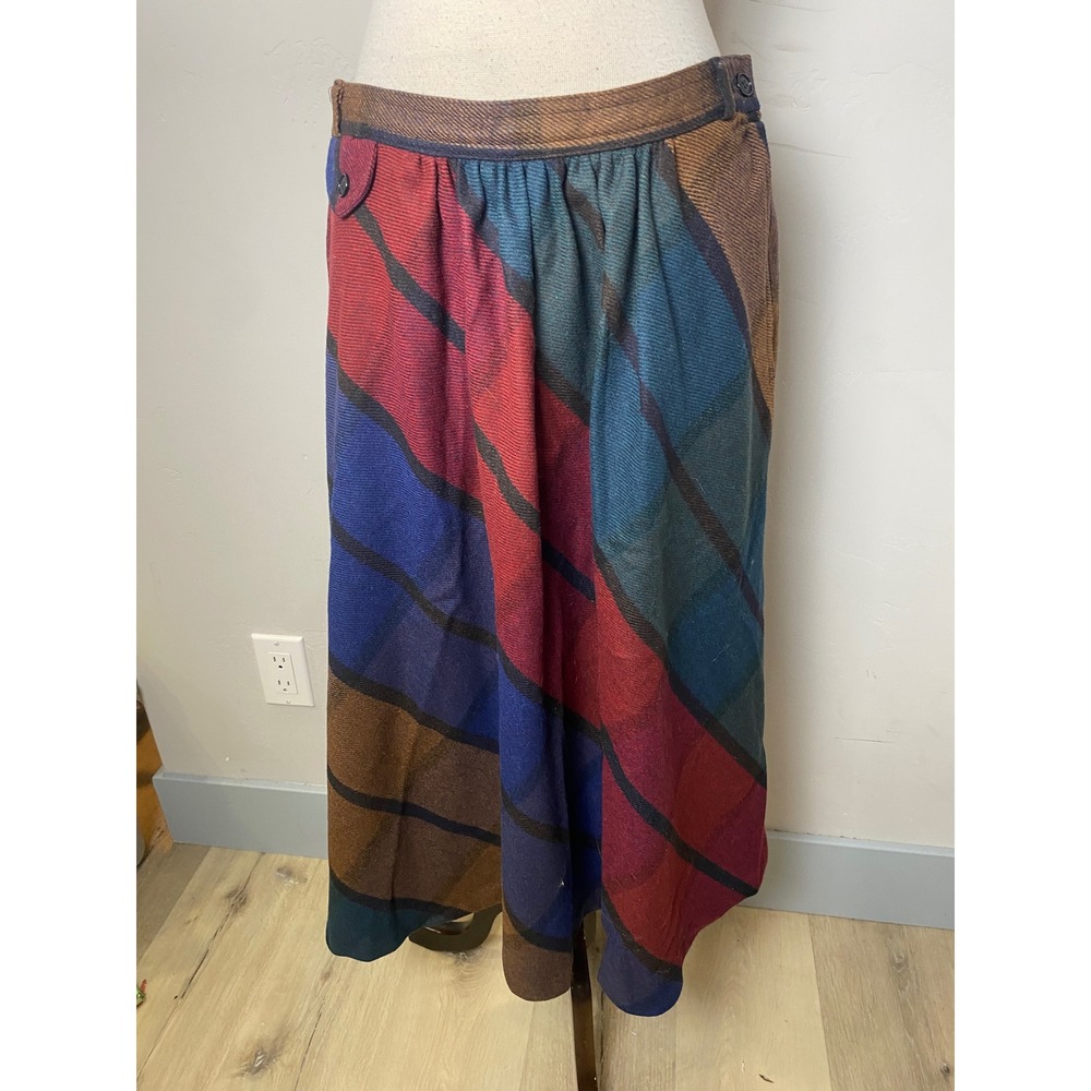 Vintage 70s 80s Plaid Midi Skirt Jewel Tone Diagonal Check Lined Bohemian Retro